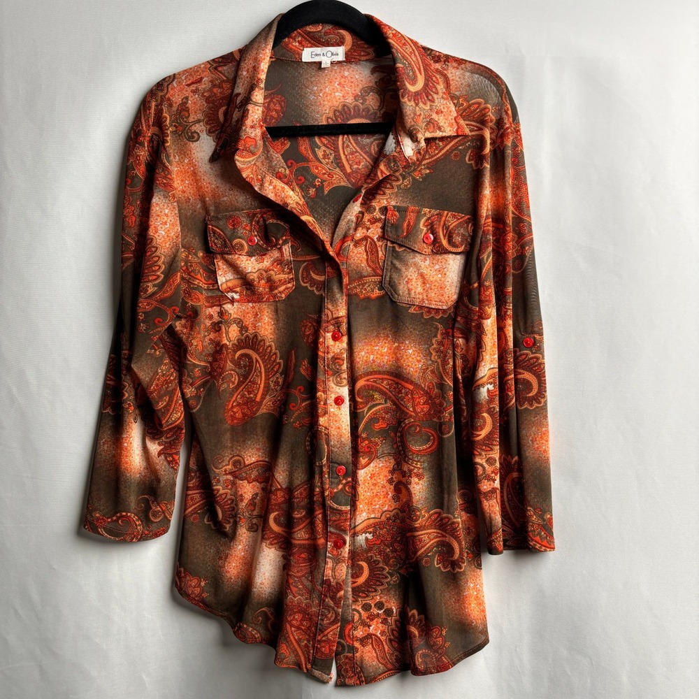 Eden‎ & Olivia Orange Paisley Button Up Top Psychedelic Boho Retro 70s Office L
